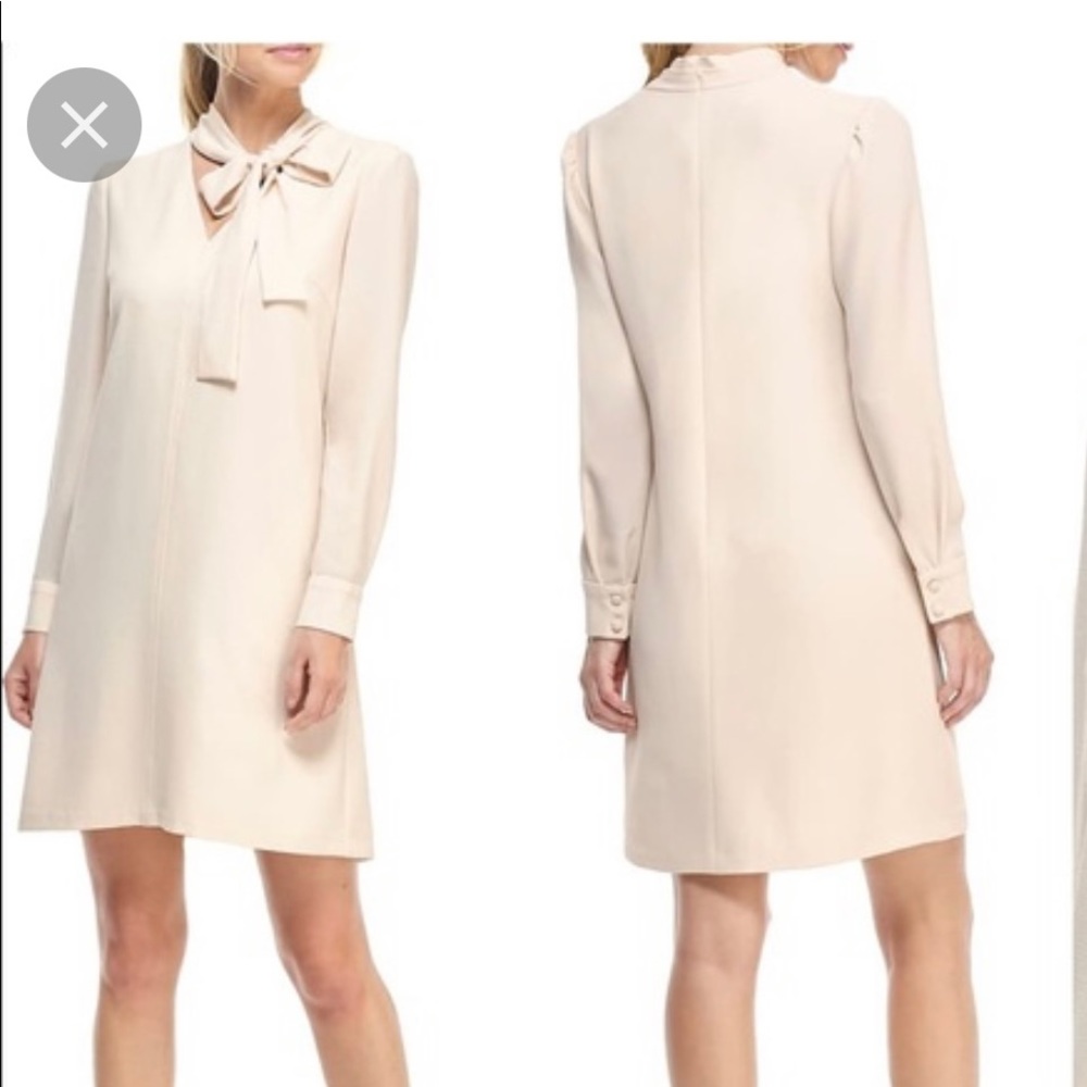 Gal Meets Glam Cream Long-Sleeve Tie-Neck Mini Dress